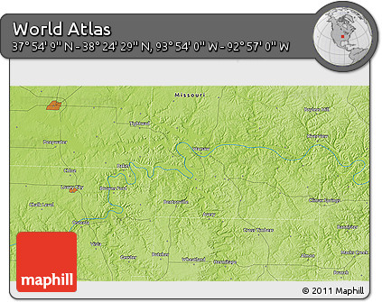 Physical 3D Map of the Area around 38° 9' 19" N, 93° 25' 30" W