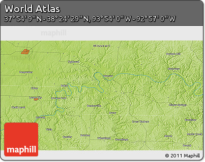 Physical 3D Map of the Area around 38° 9' 19" N, 93° 25' 30" W