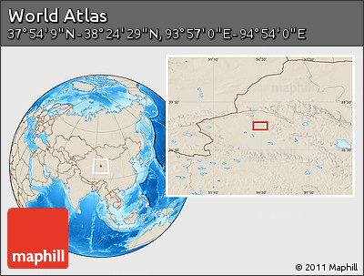 Shaded Relief Location Map of the Area around 38° 9' 19" N, 94° 25' 30" E