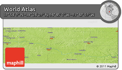 Physical Panoramic Map of the Area around 38° 9' 19" N, 94° 16' 30" W