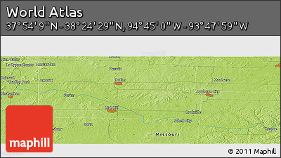 Physical Panoramic Map of the Area around 38° 9' 19" N, 94° 16' 30" W