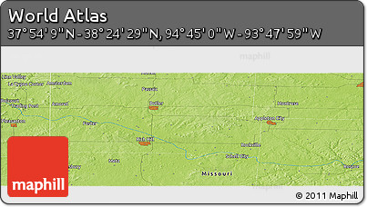 Physical Panoramic Map of the Area around 38° 9' 19" N, 94° 16' 30" W