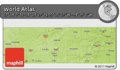 Physical Panoramic Map of the Area around 38° 9' 19" N, 95° 7' 30" W
