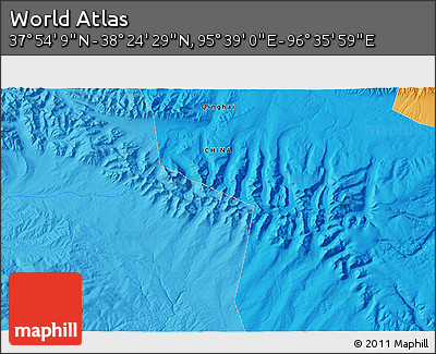 Political 3D Map of the Area around 38° 9' 19" N, 96° 7' 30" E