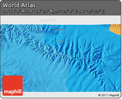 Political 3D Map of the Area around 38° 9' 19" N, 96° 7' 30" E