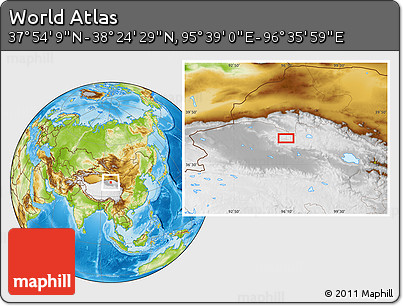 Physical Location Map of the Area around 38° 9' 19" N, 96° 7' 30" E