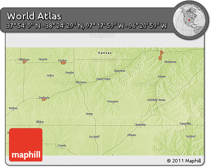 Physical 3D Map of the Area around 38° 9' 19" N, 96° 49' 29" W