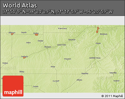 Physical 3D Map of the Area around 38° 9' 19" N, 96° 49' 29" W