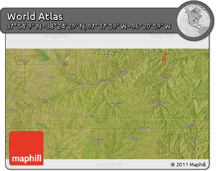 Satellite 3D Map of the Area around 38° 9' 19" N, 96° 49' 29" W