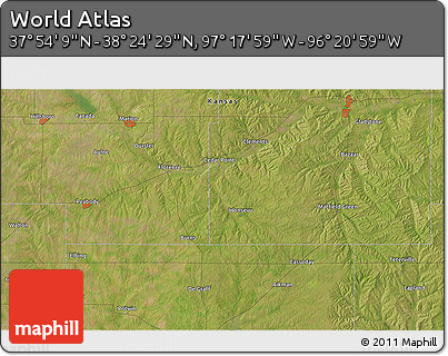 Satellite 3D Map of the Area around 38° 9' 19" N, 96° 49' 29" W