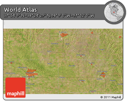 Satellite 3D Map of the Area around 38° 9' 19" N, 97° 40' 30" W