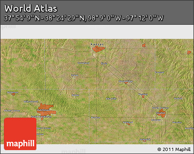 Satellite 3D Map of the Area around 38° 9' 19" N, 97° 40' 30" W