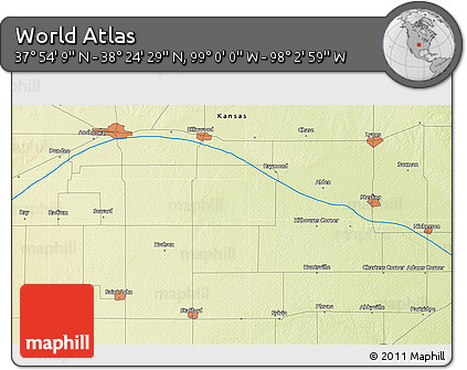 Physical 3D Map of the Area around 38° 9' 19" N, 98° 31' 30" W
