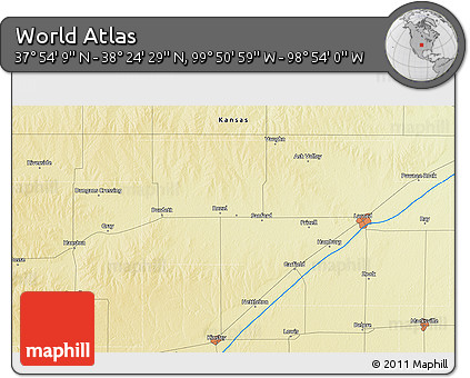 Physical 3D Map of the Area around 38° 9' 19" N, 99° 22' 30" W