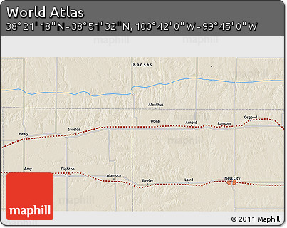 Shaded Relief 3D Map of the Area around 38° 36' 25" N, 100° 13' 29" W