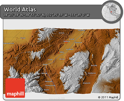 Physical 3D Map of the Area around 38° 36' 25" N, 112° 7' 30" W