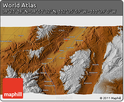 Physical 3D Map of the Area around 38° 36' 25" N, 112° 7' 30" W