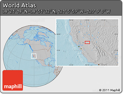 Gray Location Map of the Area around 38° 36' 25" N, 120° 37' 30" W, hill shading