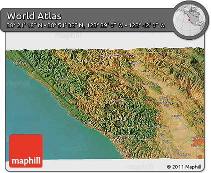 Satellite 3D Map of the Area around 38° 36' 25" N, 123° 10' 30" W