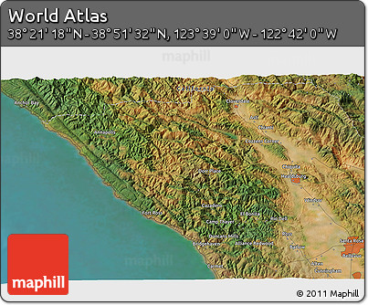 Satellite 3D Map of the Area around 38° 36' 25" N, 123° 10' 30" W