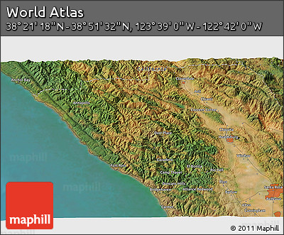 Satellite 3D Map of the Area around 38° 36' 25" N, 123° 10' 30" W