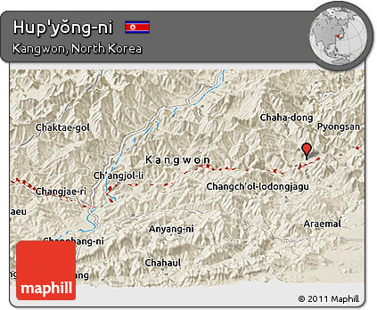 Shaded Relief Panoramic Map of Hup'yŏng-ni
