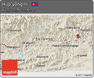 Shaded Relief Panoramic Map of Hup'yŏng-ni