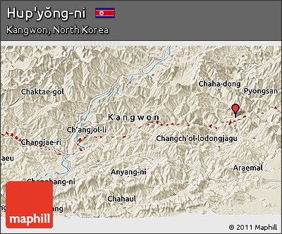 Shaded Relief Panoramic Map of Hup'yŏng-ni