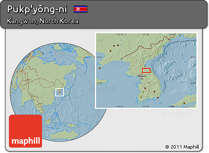 Savanna Style Location Map of Pukp'yŏng-ni, hill shading