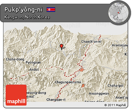 Shaded Relief Panoramic Map of Pukp'yŏng-ni