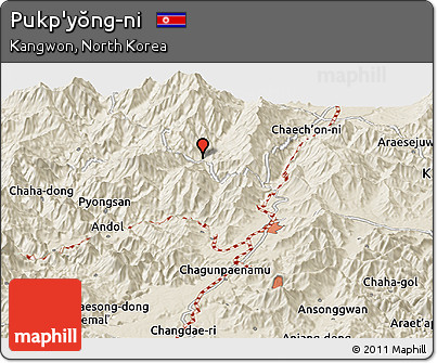 Shaded Relief Panoramic Map of Pukp'yŏng-ni