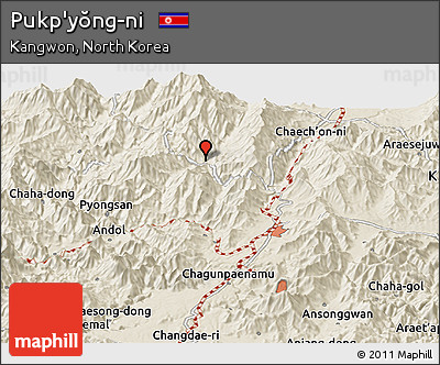 Shaded Relief Panoramic Map of Pukp'yŏng-ni