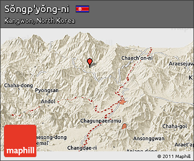 Shaded Relief Panoramic Map of Sŏngp'yŏng-ni