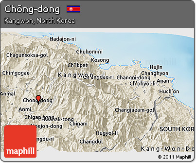 Shaded Relief Panoramic Map of Chŏng-dong