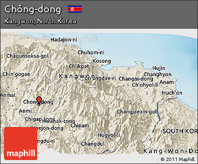 Shaded Relief Panoramic Map of Chŏng-dong