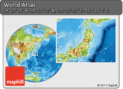 Physical Location Map of the Area around 38° 36' 25" N, 140° 19' 29" E