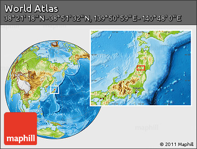Physical Location Map of the Area around 38° 36' 25" N, 140° 19' 29" E