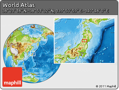 Physical Location Map of the Area around 38° 36' 25" N, 140° 19' 29" E