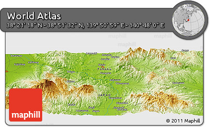 Physical Panoramic Map of the Area around 38° 36' 25" N, 140° 19' 29" E