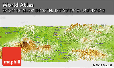Physical Panoramic Map of the Area around 38° 36' 25" N, 140° 19' 29" E