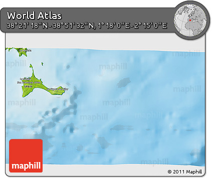 Physical 3D Map of the Area around 38° 36' 25" N, 1° 46' 29" E