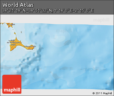 Political 3D Map of the Area around 38° 36' 25" N, 1° 46' 29" E
