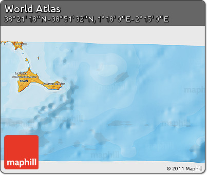 Political 3D Map of the Area around 38° 36' 25" N, 1° 46' 29" E