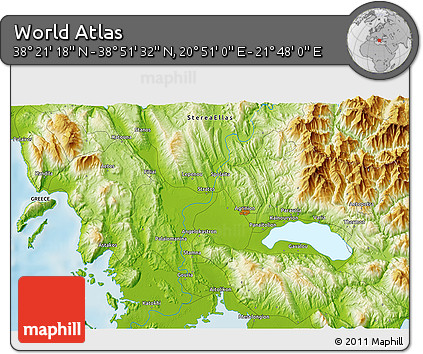 Physical 3D Map of the Area around 38° 36' 25" N, 21° 19' 30" E