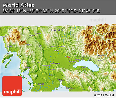 Physical 3D Map of the Area around 38° 36' 25" N, 21° 19' 30" E