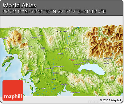 Physical 3D Map of the Area around 38° 36' 25" N, 21° 19' 30" E