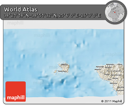 Shaded Relief 3D Map of the Area around 38° 36' 25" N, 25° 34' 30" E