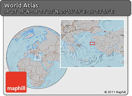 Gray Location Map of the Area around 38° 36' 25" N, 26° 25' 29" E, hill shading