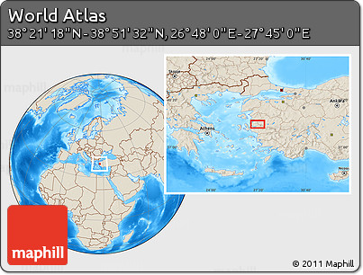 Shaded Relief Location Map of the Area around 38° 36' 25" N, 27° 16' 29" E