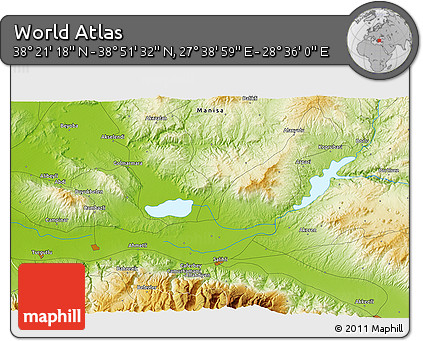 Physical 3D Map of the Area around 38° 36' 25" N, 28° 7' 30" E